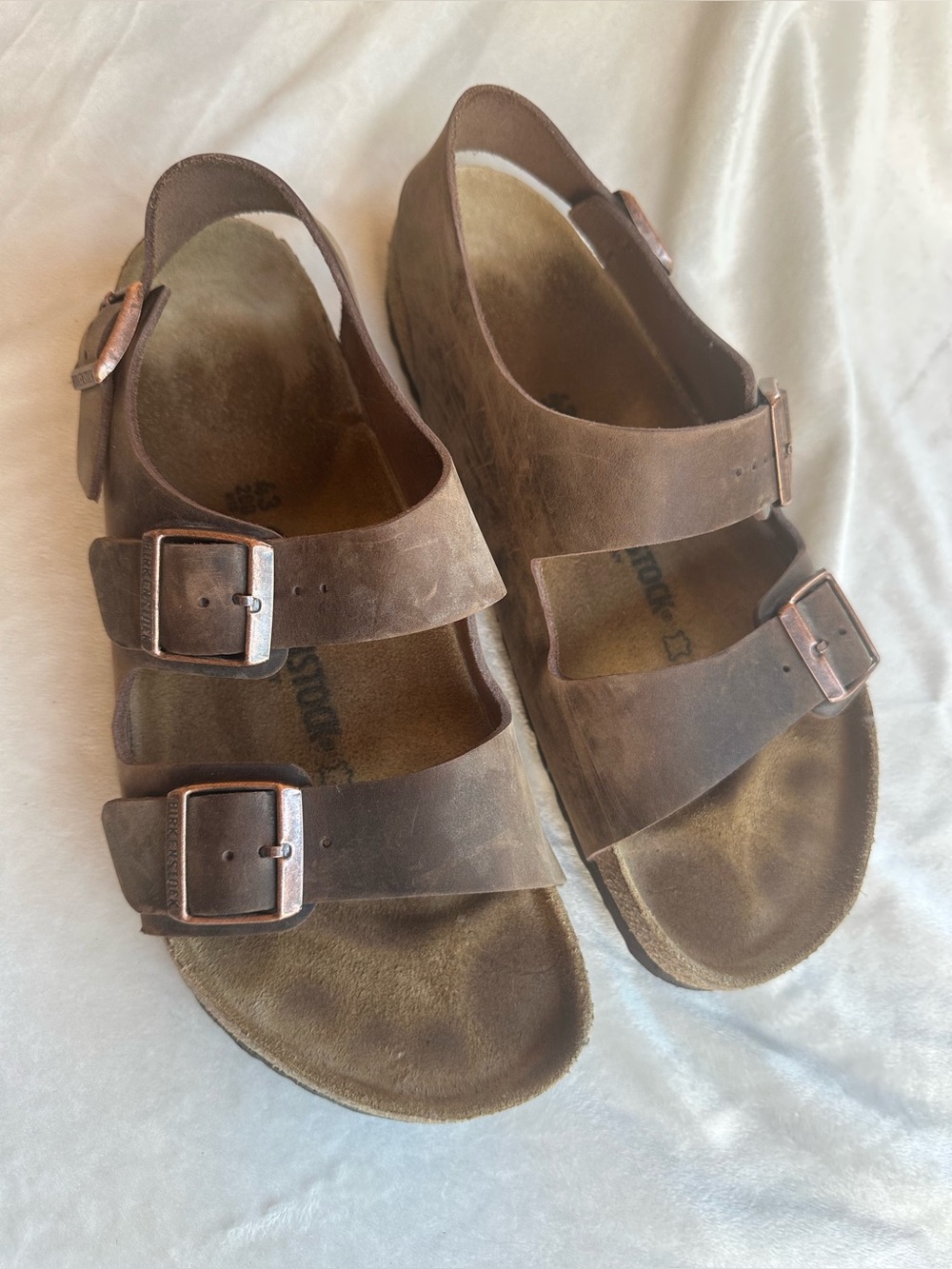 Birkenstock Men's Triple-Strap Brown Leather Sandals with Copper Buckles